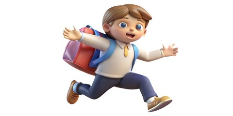 A cartoon boy is running with a backpack on. The boy is smiling and he is happy.