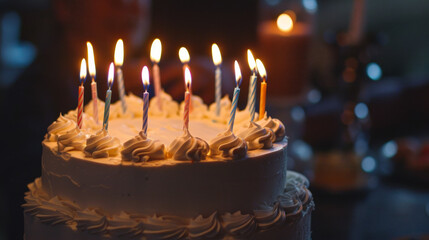 Close-Up of a Birthday Cake with Glowing Candles