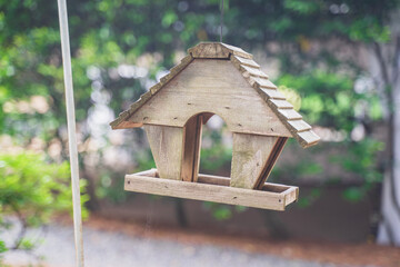 A vintage bird feeder. Bird feeder can be either wood, plastic or brick. Generous or environmental lover will install bird feeder in their yards to help providing food for birds. 