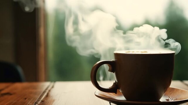 A mug of aromatic hot tea or coffee stands on a wooden table by the window of a country house in the forest. Morning with an aromatic drink that charges you with energy for the whole day.