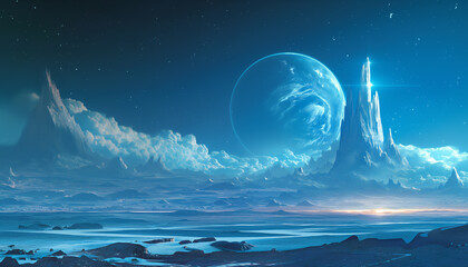 Blue planet in space, dark fantasy background