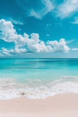 Obraz premium Pristine beach, azure waters, and a cloudless sky in an photo, with ample copy space for travel