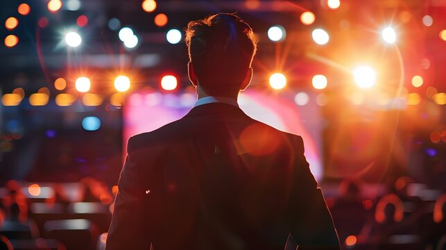 Man on Stage with Back to Camera Under Spotlights