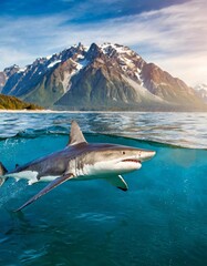 Fototapeta premium Great White Shark (Carcharodon carcharias) breaching in an attack.Great White Shark (Carcharodon carcharias) with an open mouth jumps out of water