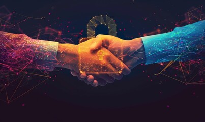Two hands shaking, one digital and one human, with a padlock symbol on a technological background, representing cybersecurity and digital partnerships.  Generative AI