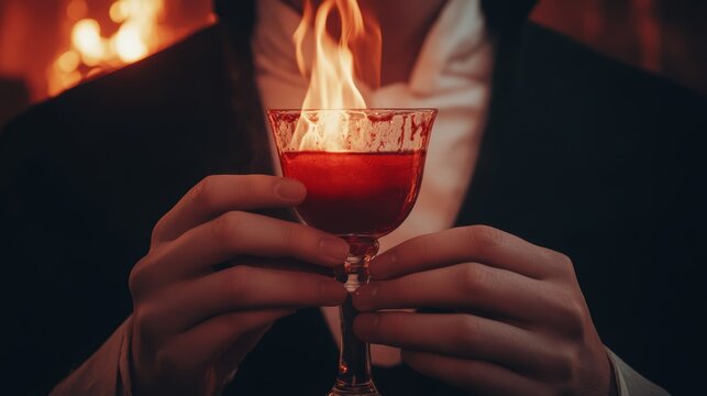 A vampire drinking from a goblet of blood in a gothic castle with a roaring fire, high-resolution photo, realistic photo