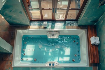 Obraz premium Top view of hotel bathroom interior with bathtub and toilet, panoramic window, Generative AI