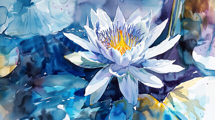 Watercolor Painting tropical water lily in loose and freeform style, flowing shapes