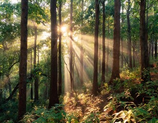Green forest trees with sunbeams and deep woods sun rays shimmer. Sunbeams peeking through forest trees in early autumn shades. Time lapse.
