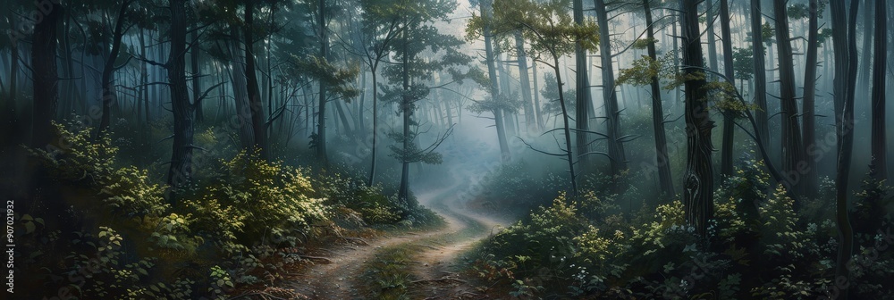 Poster A winding path through a dense forest, shrouded in fog, symbolizes mystery, adventure, introspection, nature, and tranquility.