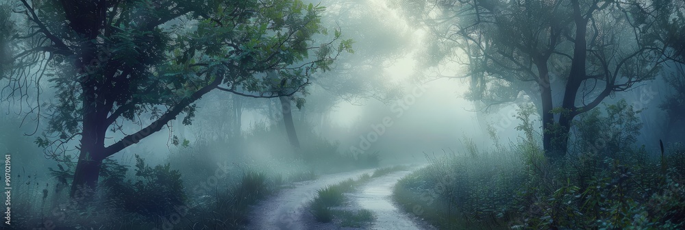 Wall mural A winding path through a mysterious forest, shrouded in a thick fog, with sunlight filtering through the trees, symbolizing mystery, tranquility, serenity, nature, and exploration.