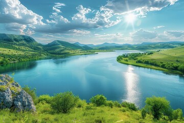 Fototapeta premium Sweeping Panorama of a River Surrounded by Lush Green Mountains on a Sunny Day, Embracing Nature's Serene Grandeur