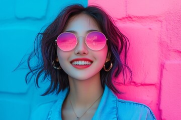 Gen-z beautiful asian fashionable female, wearing neon stylish clothes, happy, smiling, retro style in the style of Vaporwave fashion, Generative AI