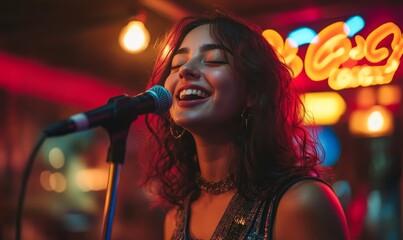 Karaoke night concept image with a young woman singing at karaoke in a bar next to a sign, Generative AI