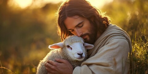 Christian banner with Jesus Christ gently holding a cute lamb with sense of protection and care, copy space, Generative AI