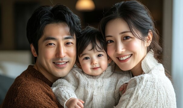Portrait of a Korean family with parents and their young toddler kid at happy home, Generative AI