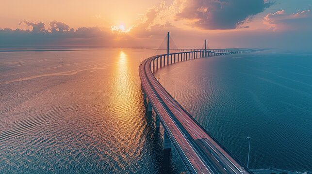 Beautiful aerial view of the Oresundsbron bridge between Denmark and Sweden, Oresundsbron. Oresund Bridge close up view at sunset.