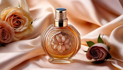 Arabic perfume with Arabian traditional design on it place in a shiny  elegant cloth background 