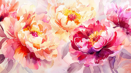 Watercolor peonies detailing with fine brushes, intricate patterns and vibrant hues, light background