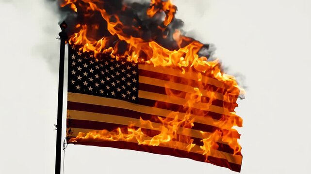 American Flag Burning Against Plain Backdrop