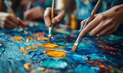 Obraz premium expressing themselves doing art during an art therapy workshop, with paints, brushes, canvases. Therapeutic benefits of creativity and self-expression in mental health and emotional, Generative AI