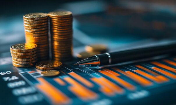 Economy and finance background with money coins , pen and stocks market graphs in blurry backdrop, Generative AI
