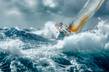 Naklejka premium Dynamic Team Navigates Challenging Waters at the Regatta During a Bright Sunny Day