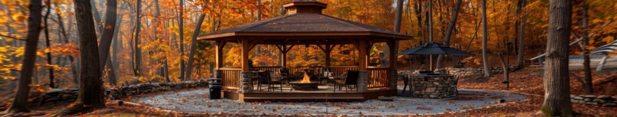 Fototapeta premium Autumn Enchantment: A Garden Pavilion with a Fire Pit, Surrounded by Lush Woods and Accented by a Stone Roof, Creating an Idyllic Autumn Getaway