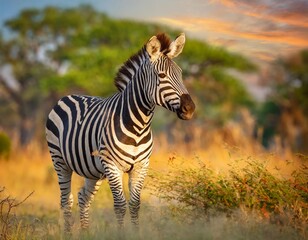 Grevy's zebra stands in the grass in natural habitat. Okavango Delta, Botswana, Africa.