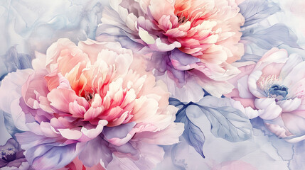 Watercolor peonies with negative painting, vibrant flowers with intricate details, soft background