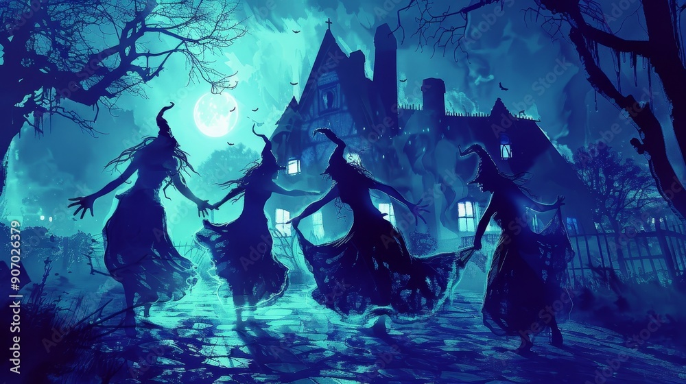 Poster Four witches in silhouette dance in a circle around a haunted mansion, with a full moon in the background, symbolizing Halloween, magic, mystery, folklore, and the supernatural.