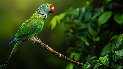 Blue-naped parrot, Tanygnathus lucionensis, colorful parrot, native to Philippines. Green parrot with red beak and light blue rear crown sitting on twig isolated against dark green jungle background.