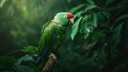 Blue-naped parrot, Tanygnathus lucionensis, colorful parrot, native to Philippines. Green parrot with red beak and light blue rear crown sitting on twig isolated against dark green jungle background.