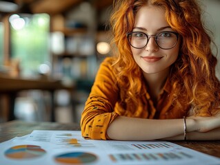 Fototapeta premium A young woman with curly red hair examines detailed charts in a warm office setting