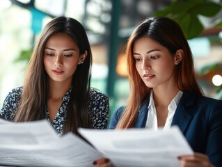 Two women closely examine documents in a bright, collaborative workspace