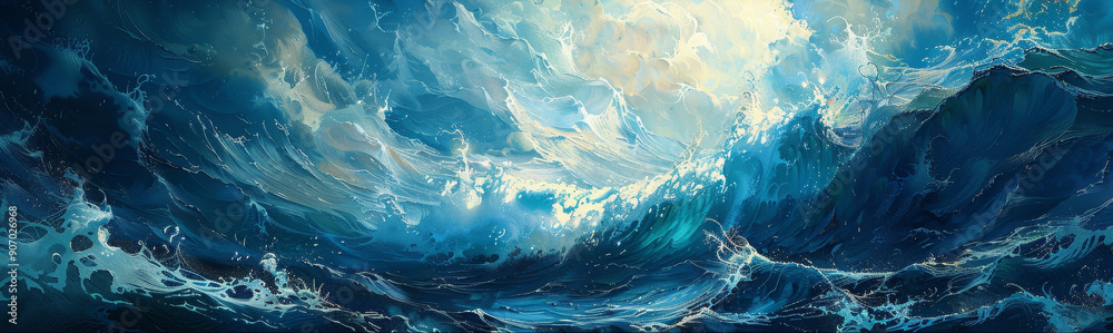 Sticker Majestic Ocean Waves Crashing Under a Bright Sky - A powerful and beautiful image of ocean waves crashing under a bright sky, symbolizing strength, nature, power, movement, and energy.