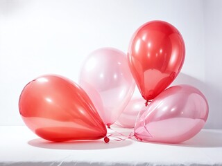 Colorful red and pink balloons arranged on a white tablecloth for a festive occasion