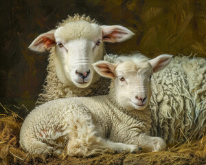Obraz premium Baby lamb lying with mother