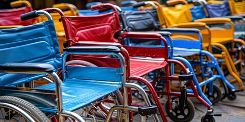 Colorful row of empty wheelchairs with red, blue, black, and yellow seats and frames, perfect for accessibility awareness events or hospital promotions.