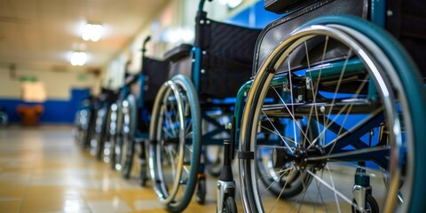 Endless row of empty black wheelchairs in warmly lit hallway, focus on silver wheels, supportive equipment, accessible healthcare, hospital setting, serene mood, copy space