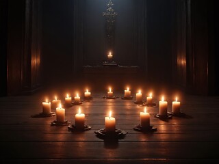 Mysterious candlelit circle in dimly lit room with intricate wall decorations at night
