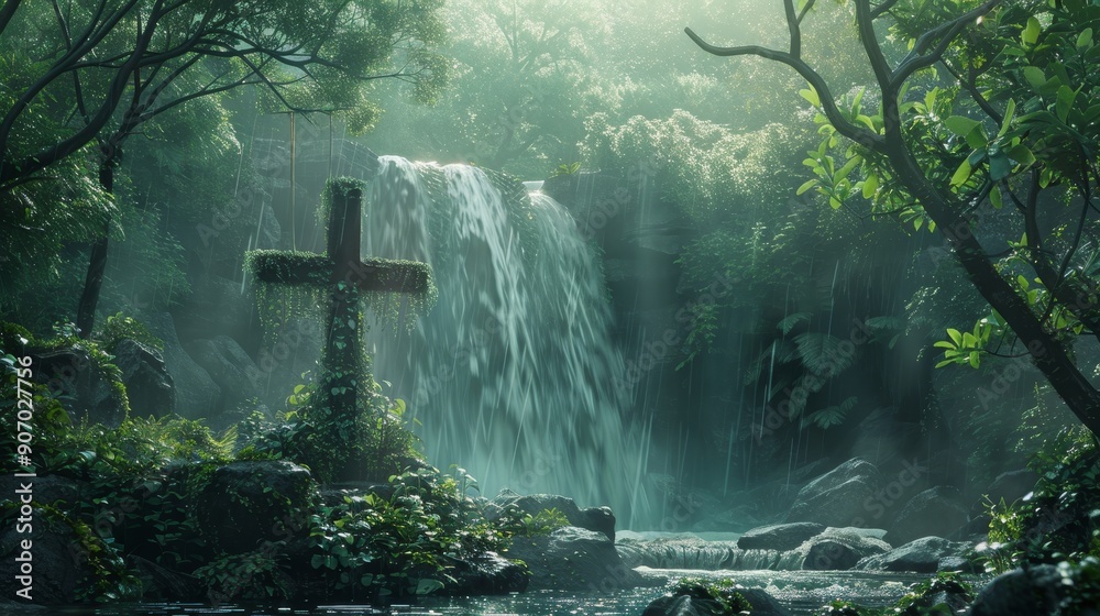 Wall mural The image depicts a serene waterfall cascading down a lush rainforest, with a weathered wooden cross standing in front of it. It symbolizes peace, faith, nature, renewal, and the beauty of the natural