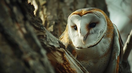 A close-up of a barn owl with its distinctive facial disc and intense eyes perched in a tree.