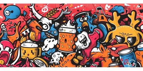 Obraz premium A vibrant, densely packed collage of cartoonish characters and objects in various colors, resembling graffiti art. The image is lively and chaotic, with a playful and energetic vibe.