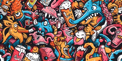 A vibrant, densely packed collage of cartoonish characters and objects in various colors, resembling graffiti art. The image is lively and chaotic, with a playful and energetic vibe.