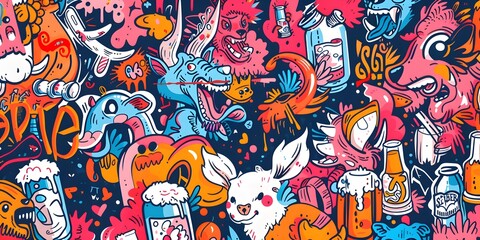 A vibrant, densely packed collage of cartoonish characters and objects in various colors, resembling graffiti art. The image is lively and chaotic, with a playful and energetic vibe.