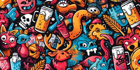 A vibrant, densely packed collage of cartoonish characters and objects in various colors, resembling graffiti art. The image is lively and chaotic, with a playful and energetic vibe.