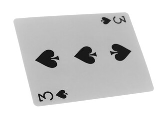 Flying playing card for poker and gambling, three of spades isolated on white, clipping path