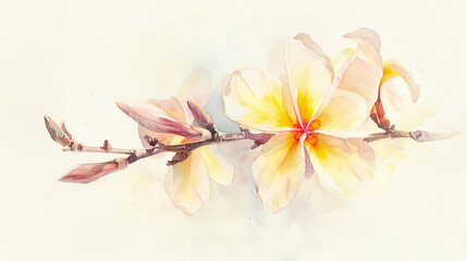 Watercolor plumeria pudica using lifting, soft and light, delicate and gentle, pastel shades, light background