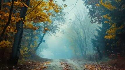 A foggy autumn morning in the forest with colorful leaves and a mystical atmosphere, showing the peaceful beauty of this season.